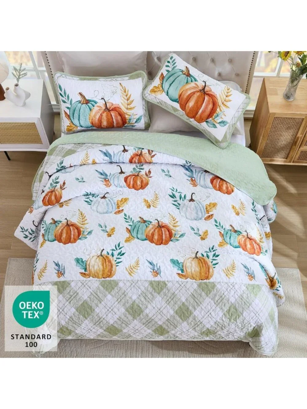 Cozy Fall Quilt Set Queen, Pumpkin Patchwork Bedspread, Sage Green Home Decor